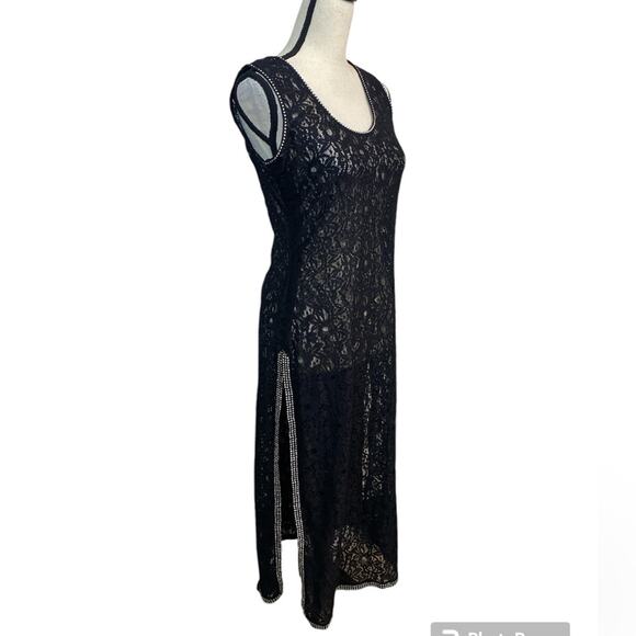 Black Stretch Lace and Rhinestone Glam Goth Pullover Duster - Picture 3 of 7